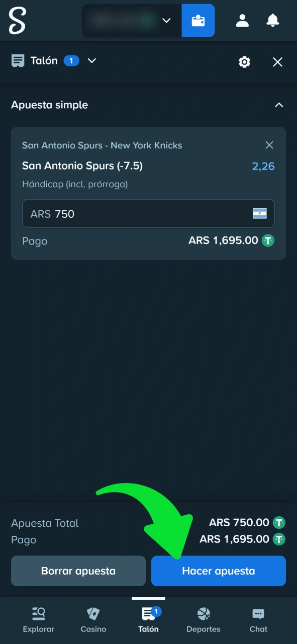 Introduce el importe de tu apuesta de baloncesto para confirmarla en la casa de apuestas Stake.