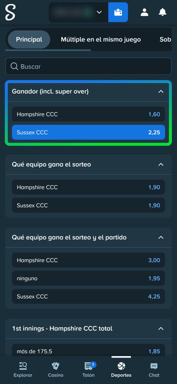 Elige el mercado y realiza tu apuesta en la casa de apuestas Stake.