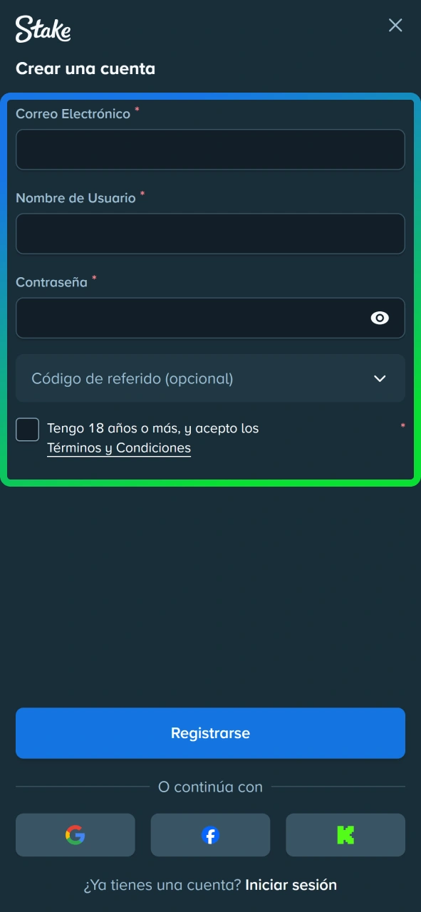 Crea una cuenta para empezar a apostar en cricket en Stake.