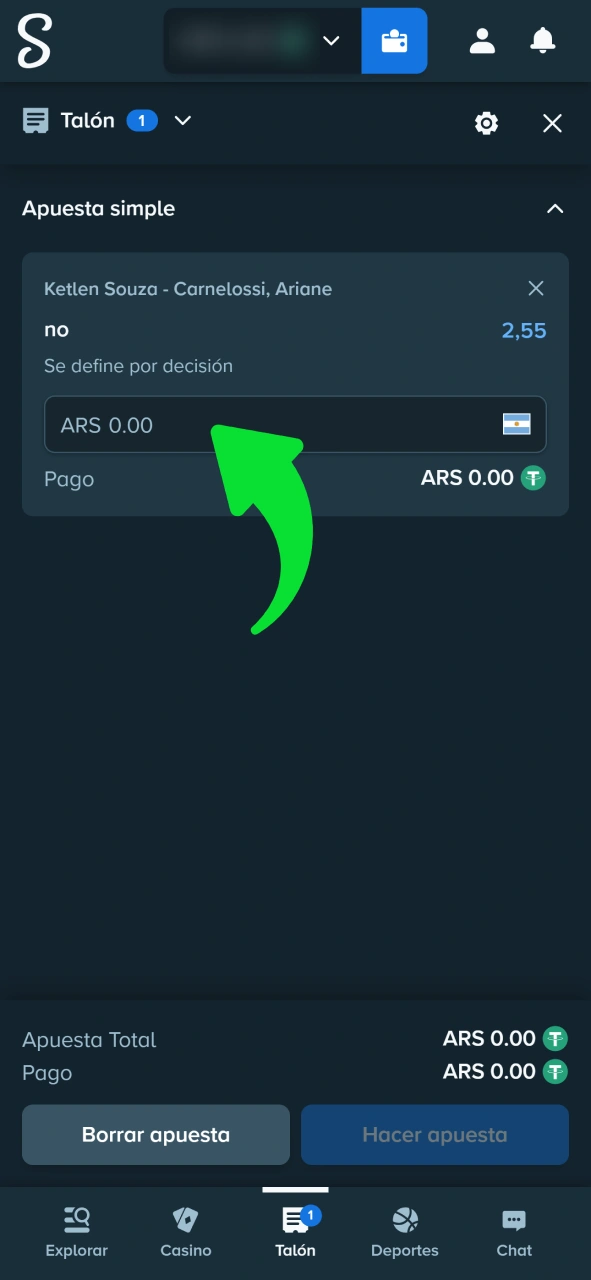 Introduce el importe de tu apuesta para realizarla en Stake MMA.