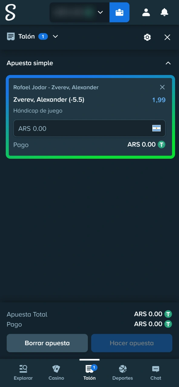 Introduce el importe de tu apuesta de tenis y confírmalo en la casa de apuestas Stake.